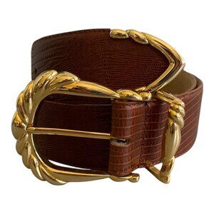 Arrivanto Leather Chestnut Reptile Gold Buckle Belt 26-30